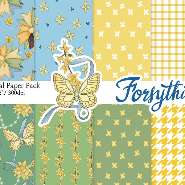 Forsythia Paper Flower Pattern Floral Pattern Planner Sticker Digital Paper scrapbook seamless patterns Hand Drawn Background Image