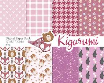 Kigurumi Paper Pat Pattern Animals papers Planner Cozy Sticker Digital Paper scrapbook Pattern seamless patterns Hand Drawn Background Image