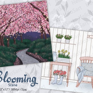 May include: A digital illustration of a blooming cherry blossom scene with a path leading through the trees. The scene is set at night with string lights strung between the trees. The second part of the image shows a cozy interior with a rocking chair, a side table, and a potted plant. The text "Blooming Scene 12"x12"/300dpi/2jpg" is at the bottom of the image.