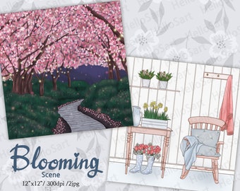 Blooming Scene Spring Scene Cherry blossom Scene Planner Graphic planner sticker scrapbook material Background image illustration
