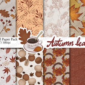 May include: Digital paper pack with eight autumn-themed patterns. The patterns feature leaves, branches, berries, coffee cups, macarons, and the text "Hello Fall".