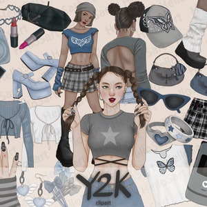 Y2K クリップアート ダーク クリップアート スタイリッシュで美しいクリップアート 女性ファッション クリップアート 手描きの女の子 グラフィック プランナー ステッカー スクラップブック 素材