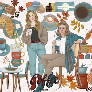 Coffee Clipart Cafe ClipArt fall ClipArt Girl Clipart Woman Clipart Fashion Clipart Hand Drawn Girls Graphics Planner Stickers scrapbook