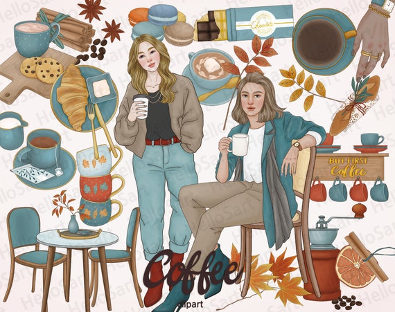 Coffee Clipart: Fall Fashion Girls, Hand Drawn Graphics (PNG)