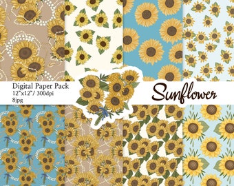 Sunflower Papers Flower Patterns Floral Pattern Planner Sticker Digital Paper scrapbook seamless patterns Hand Drawn Background Image