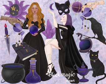 Pacote de Cliparts de Bruxaria: Magia Negra, Gráficos de Halloween (PNG)