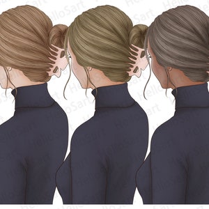 K&ouml;nnte beinhalten: Drei Illustrationen von Frauen mit verschiedenen Haarfarben, die einen dunkelblauen Rollkragenpullover tragen. Jede Frau hat ihre Haare zu einem Dutt mit einer Haarklammer zur&uuml;ckgebunden.