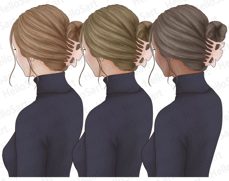 K&ouml;nnte beinhalten: Drei Illustrationen von Frauen mit verschiedenen Haarfarben, die einen dunkelblauen Rollkragenpullover tragen. Jede Frau hat ihre Haare zu einem Dutt mit einer Haarklammer zur&uuml;ckgebunden.