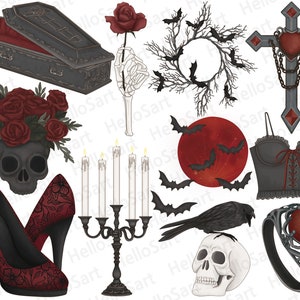 Puede incluir: Un conjunto de ilustraciones digitales con temas g&oacute;ticos y de Halloween. El conjunto incluye un ata&uacute;d, una calavera con rosas rojas, un candelabro, un par de tacones rojos, un cuervo, una calavera, una luna roja con murci&eacute;lagos, una corona con murci&eacute;lagos, una cruz con un coraz&oacute;n, un cors&eacute; y un anillo con una gema roja.