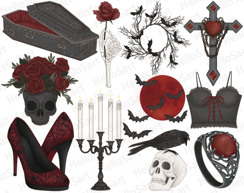 Puede incluir: Un conjunto de ilustraciones digitales con temas g&oacute;ticos y de Halloween. El conjunto incluye un ata&uacute;d, una calavera con rosas rojas, un candelabro, un par de tacones rojos, un cuervo, una calavera, una luna roja con murci&eacute;lagos, una corona con murci&eacute;lagos, una cruz con un coraz&oacute;n, un cors&eacute; y un anillo con una gema roja.