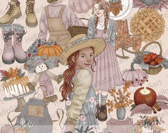 Cottage Herbst Clipart, Herbst Mädchen Fashion Grafiken (PNG)