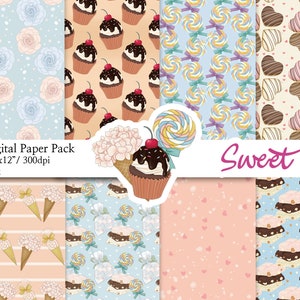 May include: A digital paper pack with 8 different patterns featuring sweet treats like cupcakes, lollipops, ice cream cones, and chocolate hearts. The patterns are in pastel colors and have a whimsical feel. The text "Sweet" is written in pink letters on a white banner.
