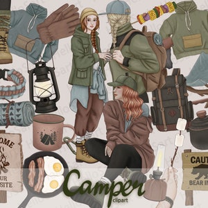 Camper Clipart Caminhadas ClipArt Camping ClipArt Menina Clipart Mulher Moda Clipart Desenhado à mão Meninas Gráficos Planejador Adesivos scrapbook