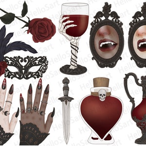 Puede incluir: Un conjunto de ilustraciones digitales con tem&aacute;tica g&oacute;tica y vamp&iacute;rica. El conjunto incluye una m&aacute;scara de masquerade, una rosa, una daga, una copa de vino, una botella en forma de coraz&oacute;n, una jarra, dos espejos ornamentados y dos pares de manos con u&ntilde;as cuidadas y anillos.