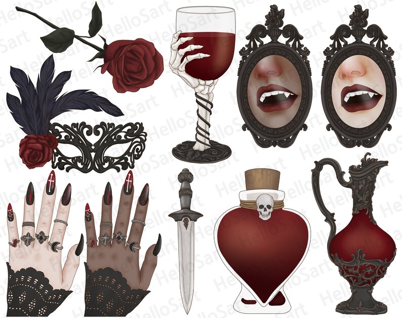 Puede incluir: Un conjunto de ilustraciones digitales con tem&aacute;tica g&oacute;tica y vamp&iacute;rica. El conjunto incluye una m&aacute;scara de masquerade, una rosa, una daga, una copa de vino, una botella en forma de coraz&oacute;n, una jarra, dos espejos ornamentados y dos pares de manos con u&ntilde;as cuidadas y anillos.