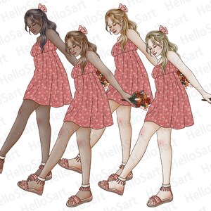 May include: Four women wearing pink floral dresses and sandals walk in a line, each holding a bouquet of flowers.