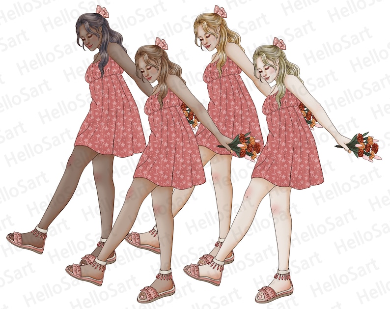May include: Four women wearing pink floral dresses and sandals walk in a line, each holding a bouquet of flowers.