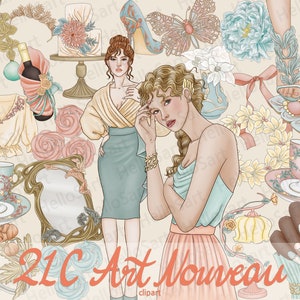 21C Jugendstil Clipart Elegante ClipArt Feminine Clipart Frau Mode Clipart Handgezeichnet Mädchen Grafik Planer Sticker Scrapbook Material