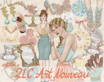Art Nouveau Clipart: Elegant Woman, Fashion Graphics (PNG)