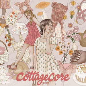 コテージコア クリップアート 田舎暮らし クリップアート 居心地の良い クリップアート ヒュッゲ 女性 ファッション クリップアート 手描き 女の子 グラフィック プランナー ステッカー スクラップブック 素材