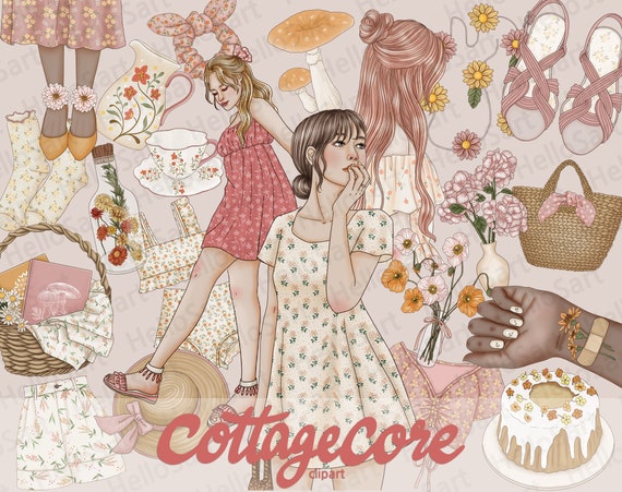 Cottagecore Clipart Bundle: Hand-Drawn Girl Graphics (PNG)