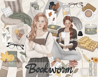 Bookworm Clipart Library ClipArt Booklover ClipArt Girl Clipart Woman Fashion Clipart Hand Drawn Girls Graphics Planner Stickers scrapbook