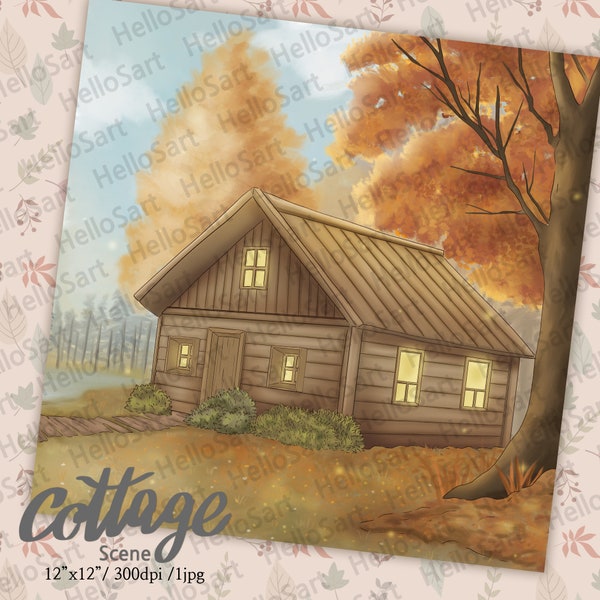 Cottage Scene cozy Scene Fall Scene Autumn Scene Planner Graphic planner sticker scrapbook material Background image illustration