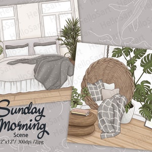 Cozy Sunday Morning Scene: Planner Stickers, Scrapbook Graphics (Digital Download)