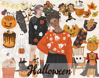 Halloween Clipart Spooky ClipArt Horror ClipArt Girl Clipart Woman Fashion Clipart Hand Drawn Girls Graphics Planner Stickers scrapbook