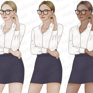 K&ouml;nnte beinhalten: Drei Illustrationen von Frauen, die wei&szlig;e Hemden mit Kn&ouml;pfen, dunkelblaue R&ouml;cke und Brillen tragen. Jede Frau hat eine andere Haarfarbe und einen anderen Hautton.