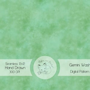May include: A seamless digital pattern with a watercolor-like texture in shades of green. The design includes the text "Gemini Wash" and "Digital Pattern". The image also features a logo with a sleeping fox.