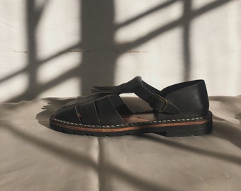 New STEVE MONO black frill artisanal leather sandals in black sz 36