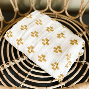 Handmade Muslin Swaddle Blanket: Mustard Dash Print, Organic Cotton, Honey
