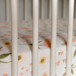Handmade Muslin Crib Sheet: Pink Floral Baby Bedding