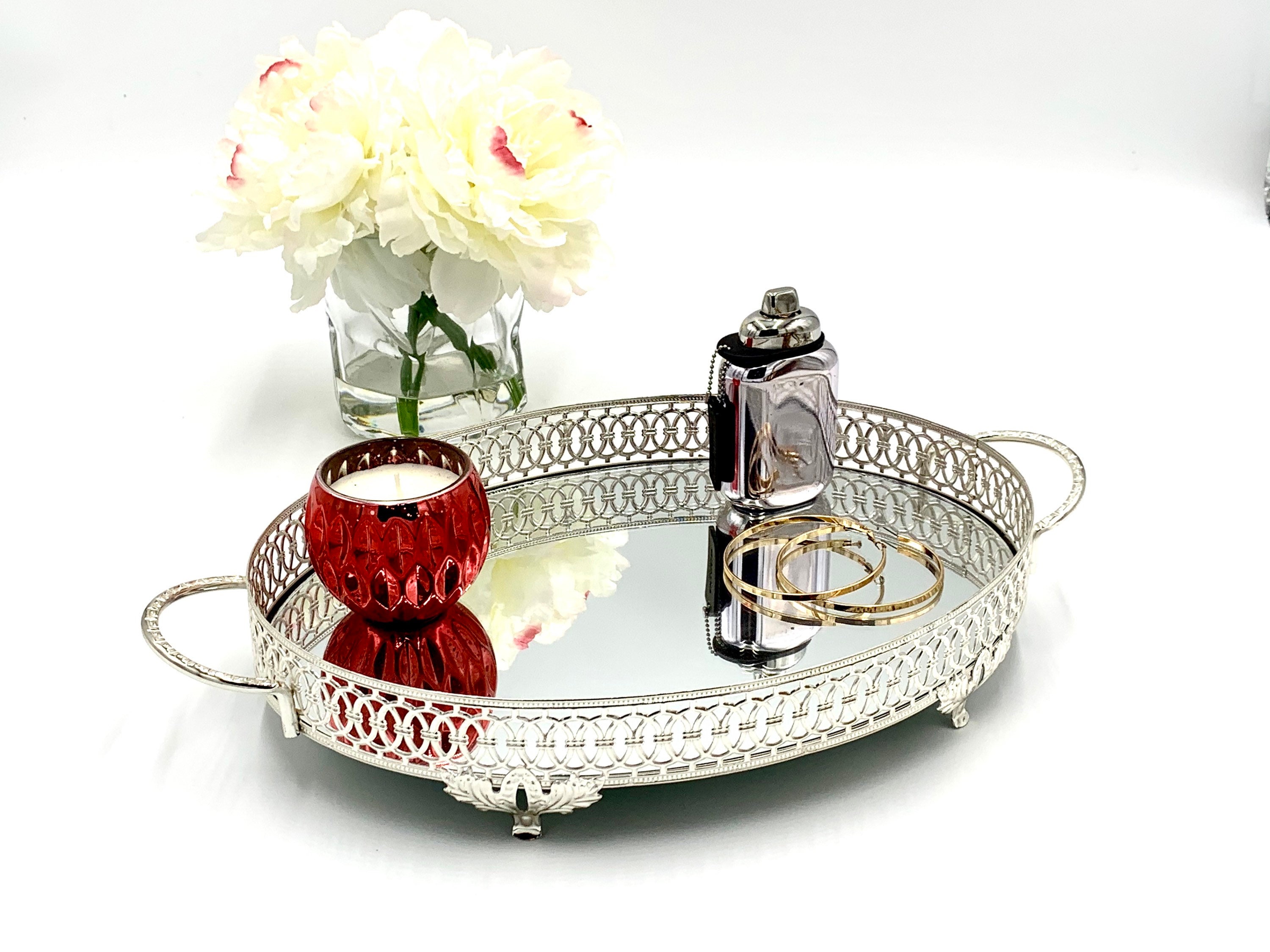 Large Stylish Silver Vanity Tray Makeup Perfume Storage Etsy