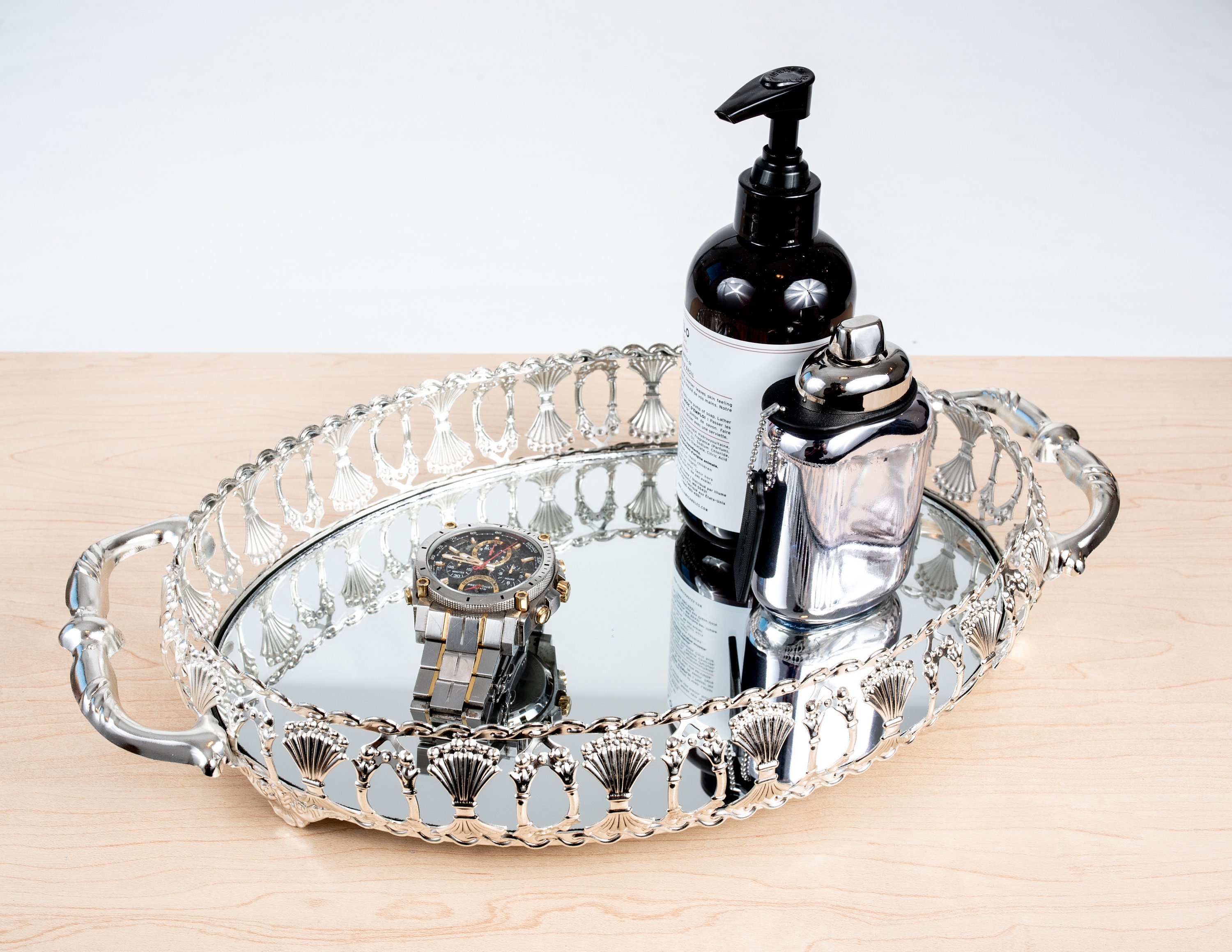 Silver Mirrored Oval LARGE VANITY TRAY Floral Pattern Etsy
