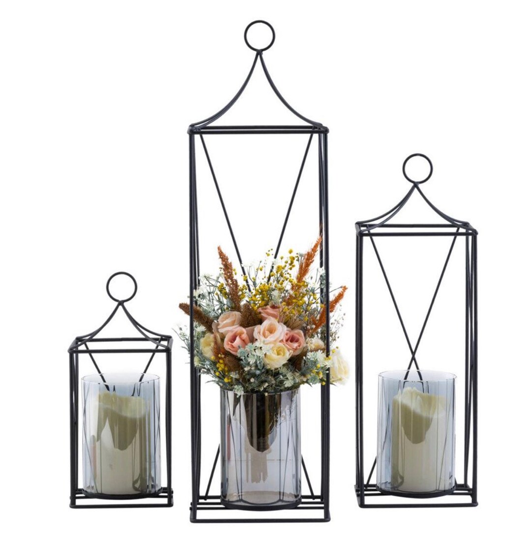 Set of 3 Tall Black Metal Lanterns 24 19 13 Decorative Etsy