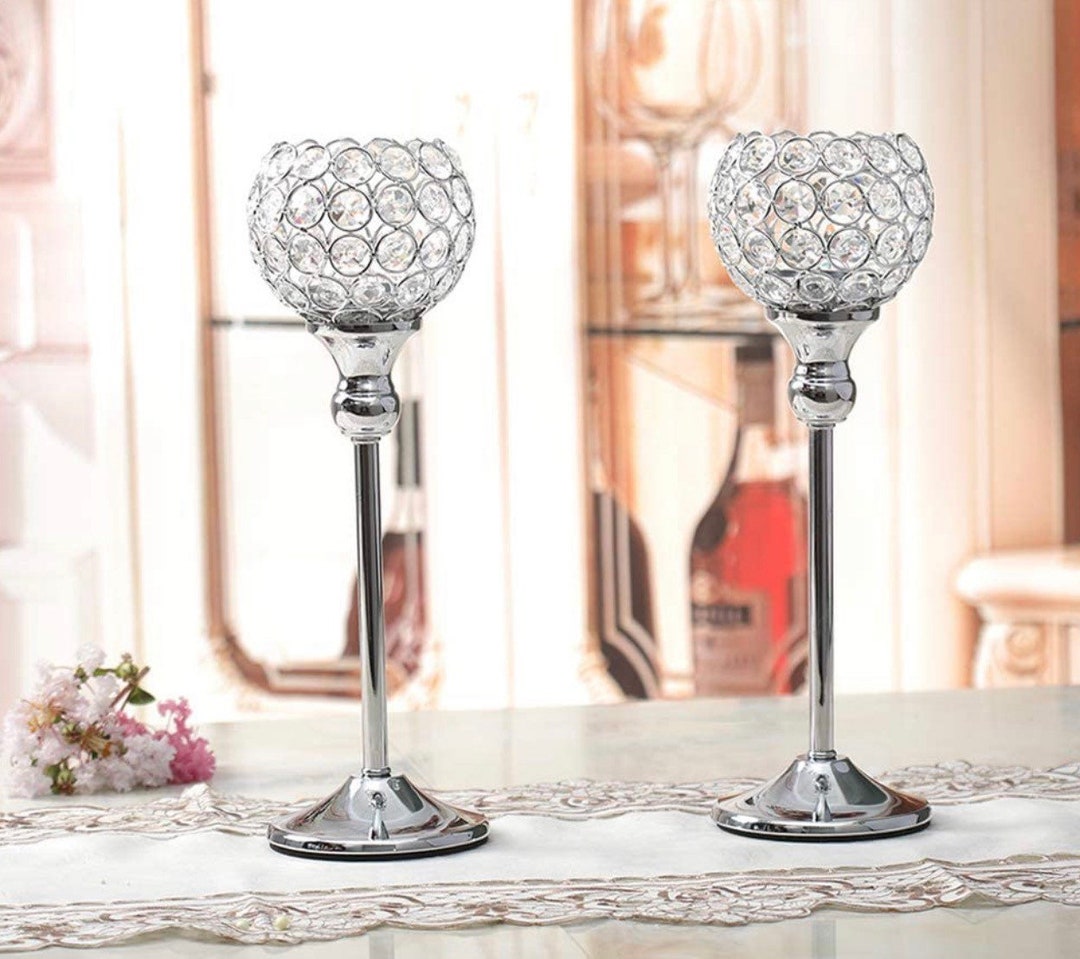 Set of 2 Crystal Globe Candle Holder Silver Candlestick for Etsy