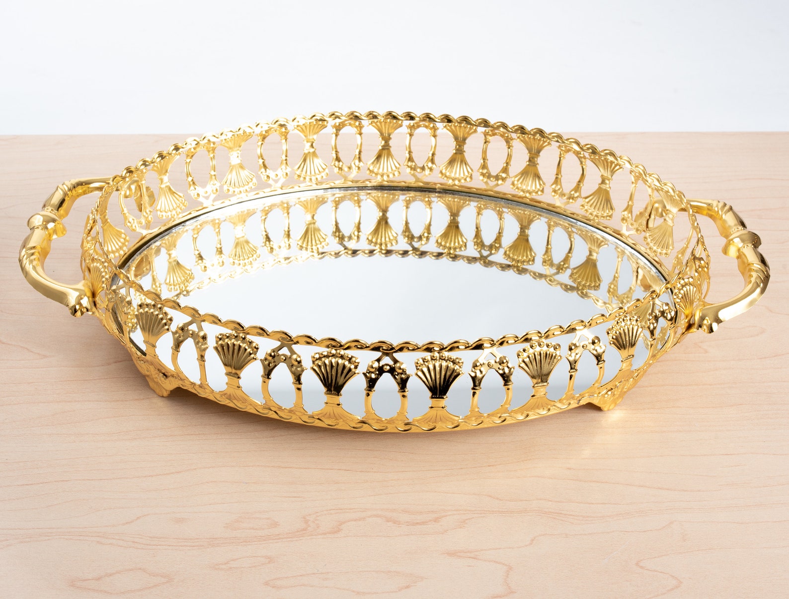 Gold Mirrored Oval VANITY TRAY Floral Pattern Decorative Tray Etsy