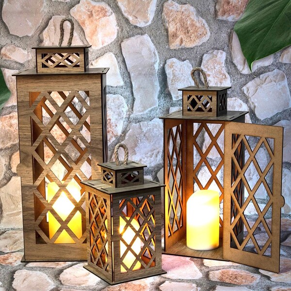 Set of 3 Decorative Wooden Lanterns, 20’’ | 16’’ | 10.5’’ Indoor/Outdoor Vintage Design Rustic Garden Patio Farmhouse, Wedding Decoration