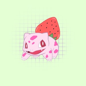 Peut inclure: Un personnage de dessin animé rose avec des yeux rouges et des taches roses, portant une fraise rouge sur le dos. Le personnage est sur un fond vert clair avec une grille violette.