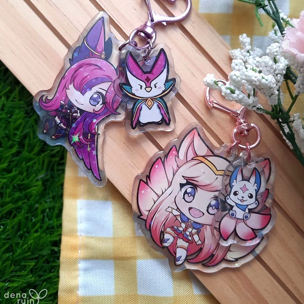 Star guardian Ahri and Xayah gaming keychain, Cute champion charm, League gamer gift idea