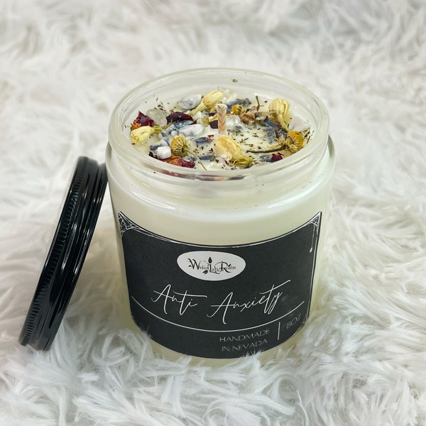 Anti Anxiety Crystal and Herb Intention Soy Candle and Wax Melts - White Sage Lavender - Howlite - Anxiety Relief - Calming - Gift