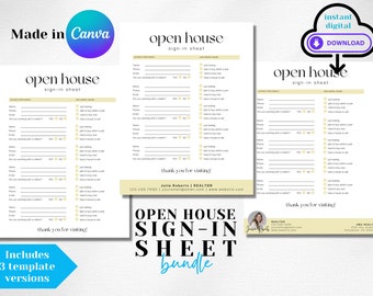 Open House Sign In Sheet Editable Canva Template & PDFs | Real Estate Marketing | Realtor Open House Flyers and Forms | Instant Download
