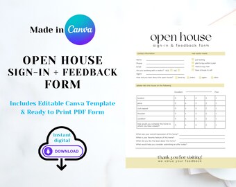 Pode incluir: Um modelo de formulário de inscrição e feedback para uma casa aberta imprimível. O formulário inclui seções para informações de contato, necessidades imobiliárias e uma escala de classificação para a casa. O formulário foi projetado para ser usado por agentes imobiliários.