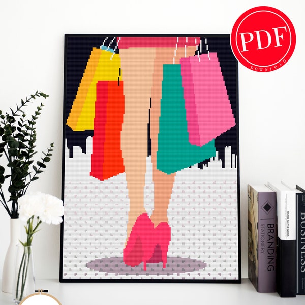 Modern cross stitch pattern. Shopping cross stitch pattern. City cross stitch pattern