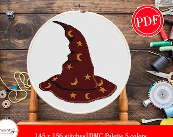 Wizard Hat Cross Stitch Pattern, Magic Embroidery (PDF Pattern)