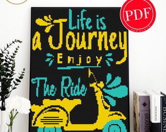 Cross stitch Pattern Motorcycle, The ride cross stitch, PDF Instant Download, Modern Cross Stitch Pattern.