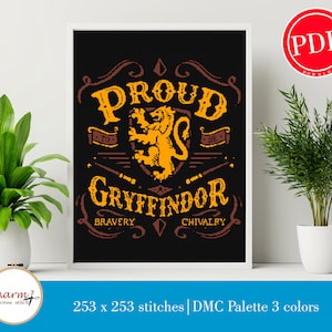 May include: Cross stitch pattern featuring a Gryffindor crest with a lion, the words "Proud to be Gryffindor", and the words "Bravery" and "Chivalry". The pattern is 253 x 253 stitches and uses 3 colors.