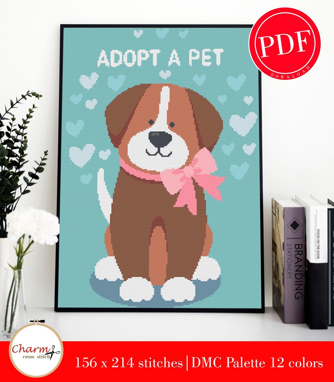 Dog Cross Stitch Pattern digital Format PDF. Adopt a Pet Cross Stitch